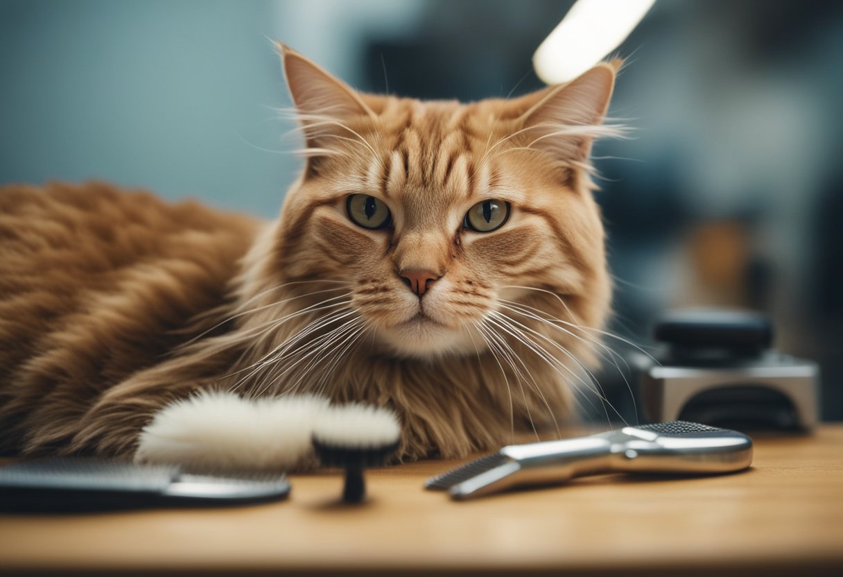 A grooming table with brushes, combs, and nail clippers. A cat sitting calmly, with a relaxed expression, being gently groomed by a person