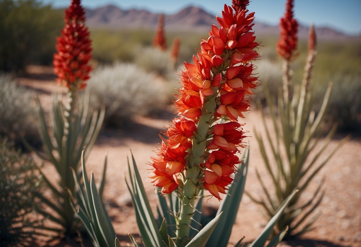 A red yucca plant blooms in the Arizona desert, its vibrant red flowers contrasting against the arid landscape