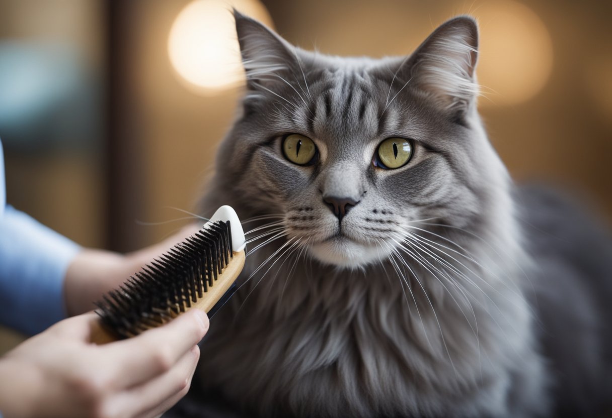 A cat sitting calmly while being groomed by a person, with a brush or comb in their hand. The cat appears relaxed and content during the grooming process