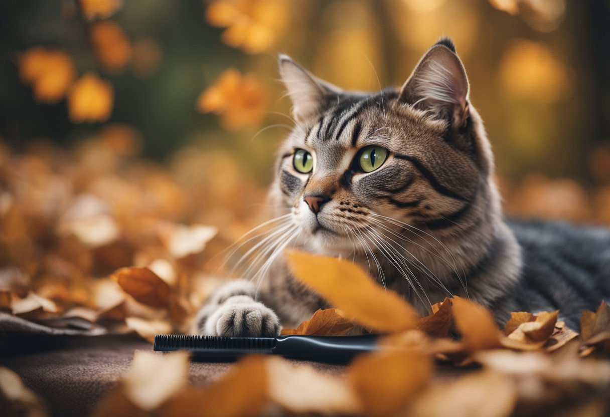 A cat being groomed with a brush and comb, surrounded by falling leaves and a cozy, warm atmosphere