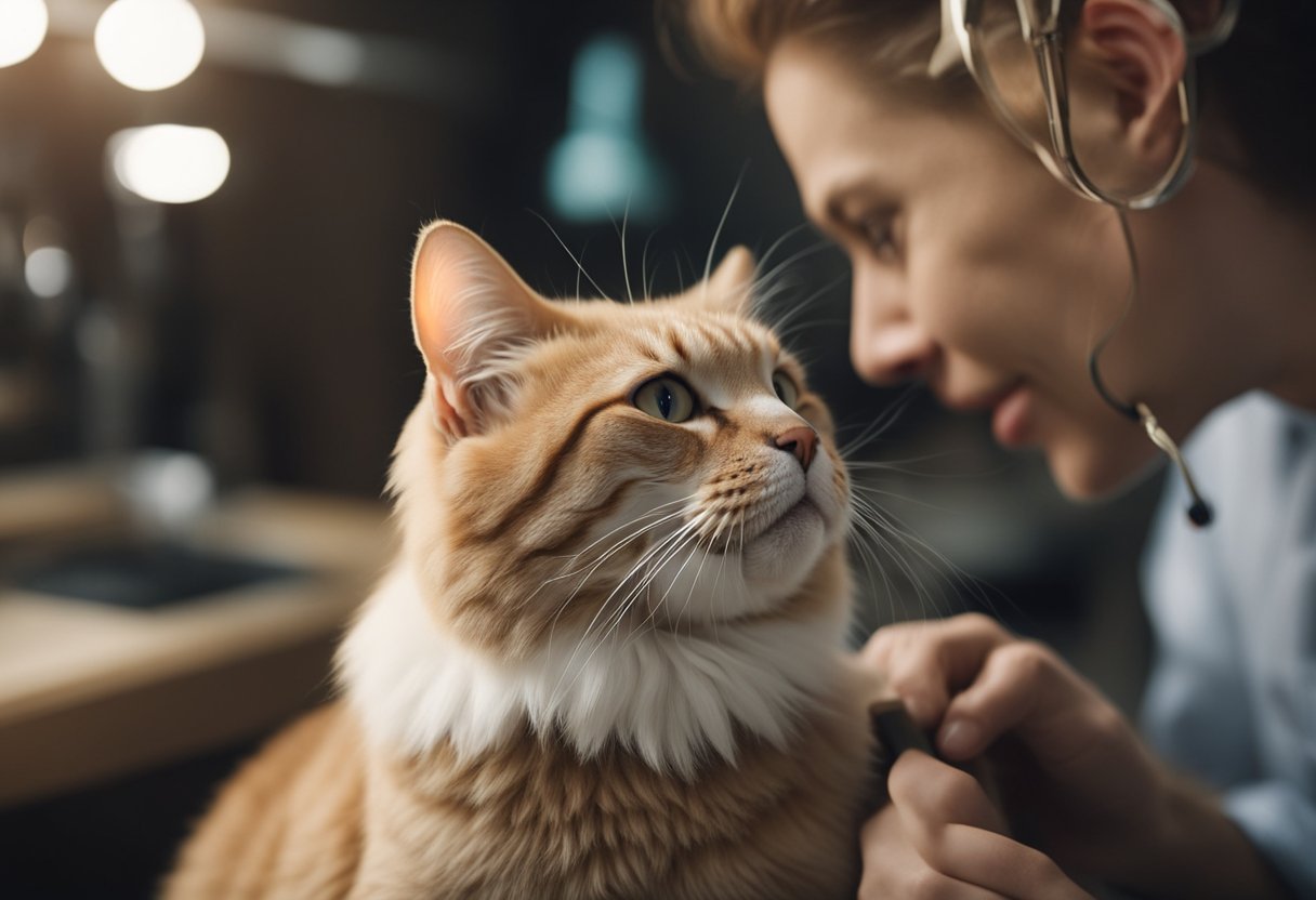 A cat being groomed by a person, with a brush in hand and the cat sitting calmly