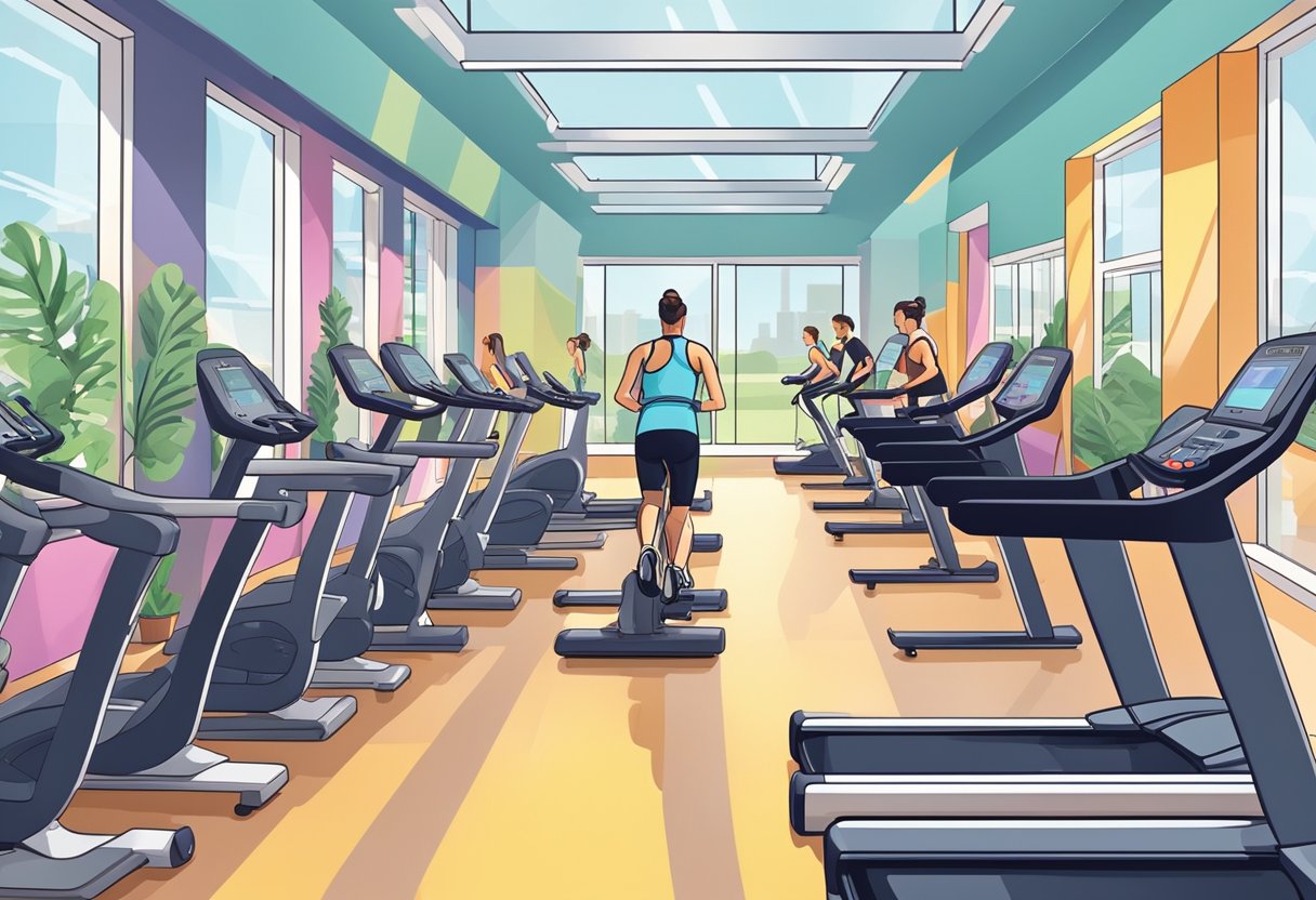 People running on treadmills, cycling on stationary bikes, and using elliptical machines in a brightly lit gym with mirrors and motivational posters