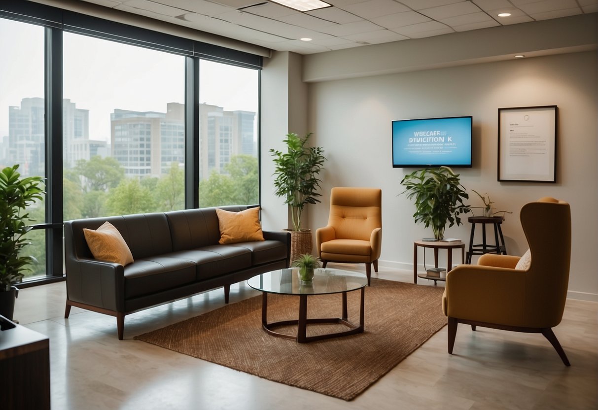 A welcoming and organized interview room with comfortable seating and natural lighting, accompanied by informative and friendly staff