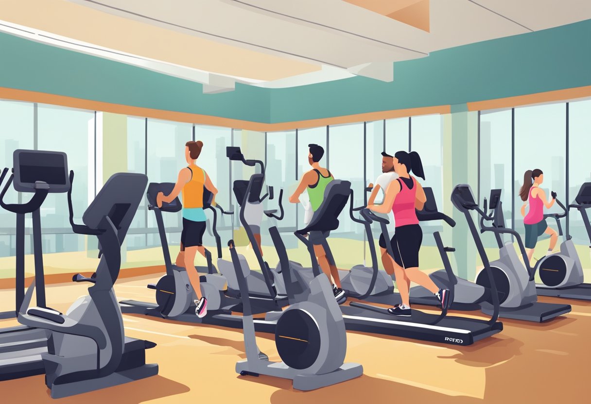 People of various fitness levels using different cardio machines in a gym setting