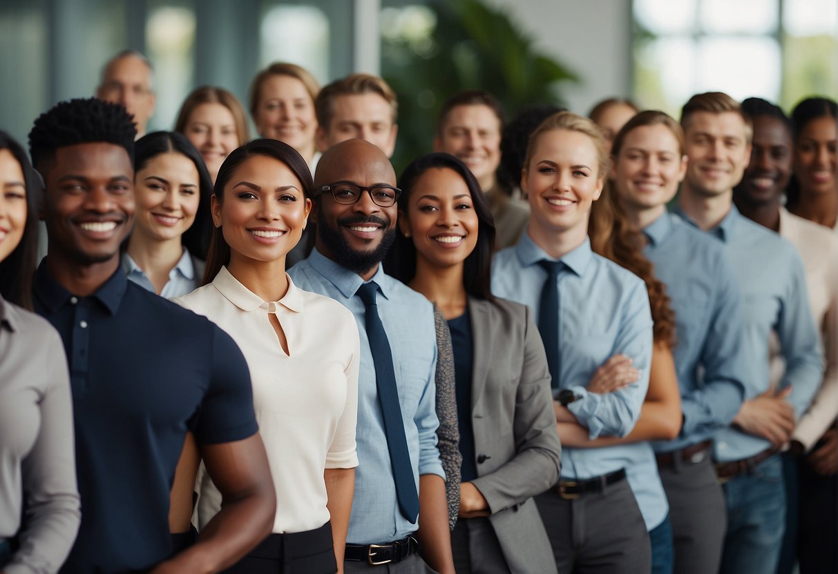 A diverse group of job applicants waiting in a welcoming and inclusive environment, with clear communication and support throughout the hiring process