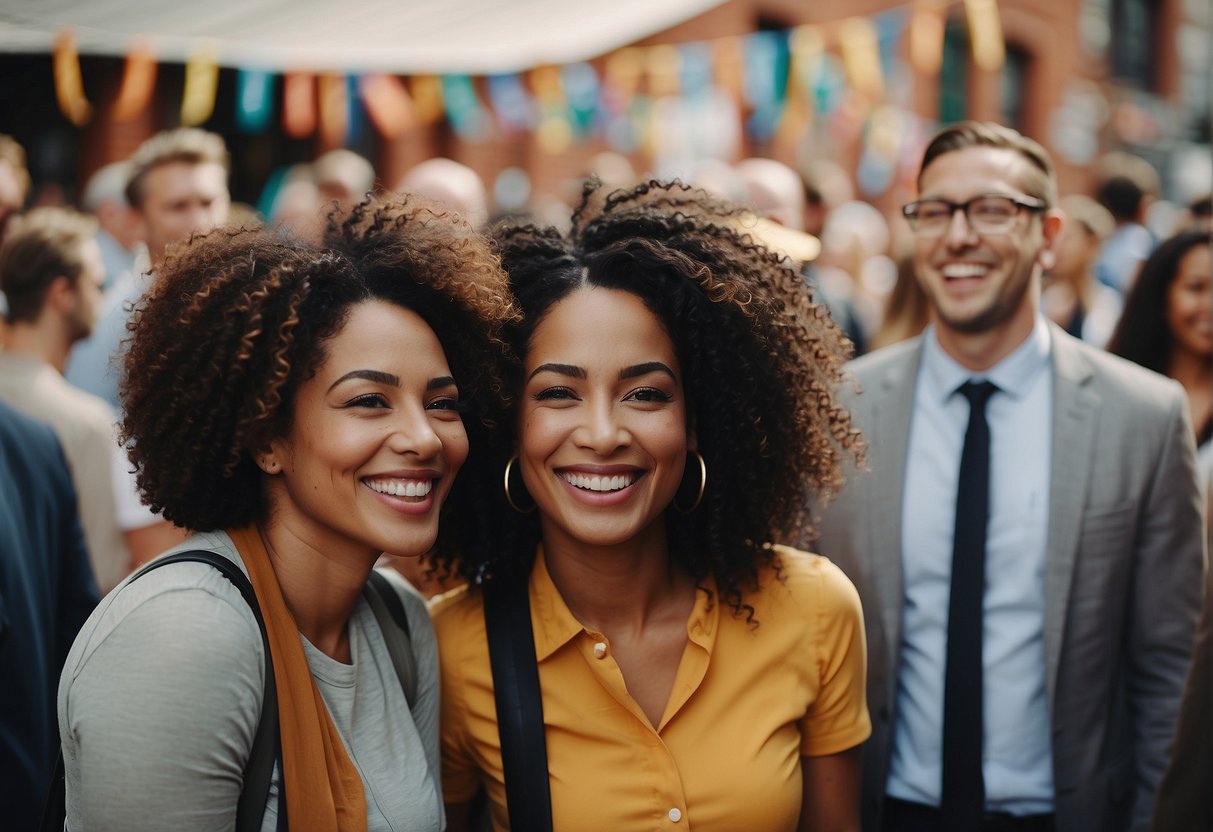 A diverse group of applicants smiling and interacting at a welcoming event, with banners and signs promoting inclusivity and positivity
