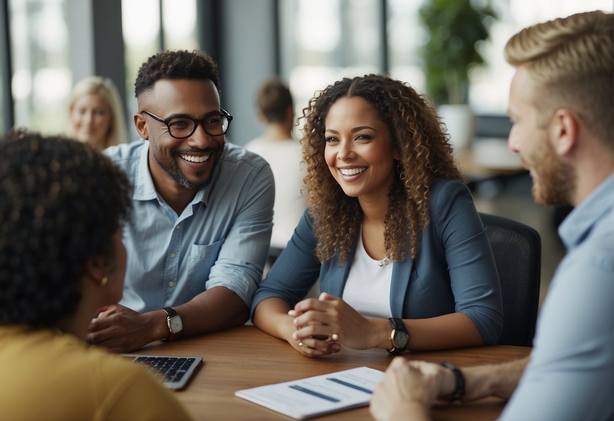 A diverse group of people smiling and engaging in conversation, surrounded by helpful resources and information about the candidate experience