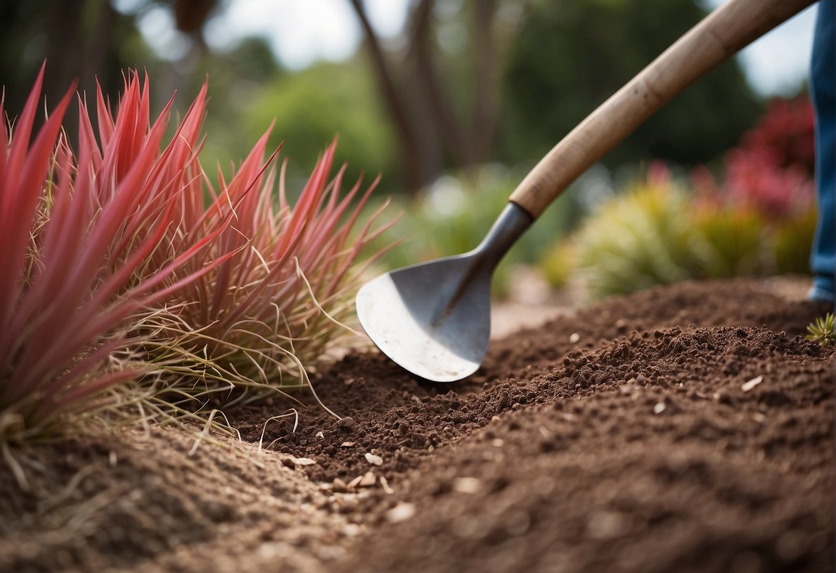 Red yucca plants being split by a gardener's shovel
