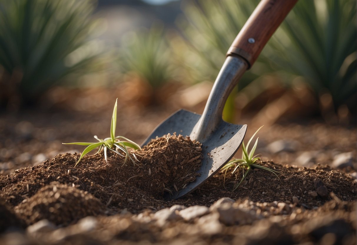 Red yucca plants being split with a sharp garden tool. Roots and stems separating as the plant is divided