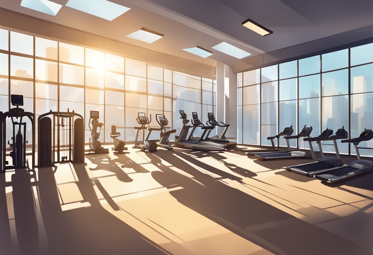 The gym is empty, with machines and equipment neatly arranged. Sunlight streams in through the windows, casting long shadows on the polished floors