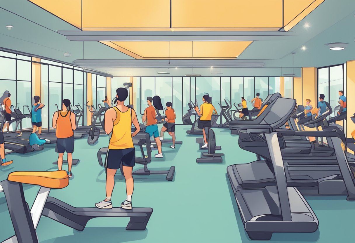 Gym at peak hours, crowded with people using equipment. Busy atmosphere, bustling with activity. Ideal time to go: early morning or late evening