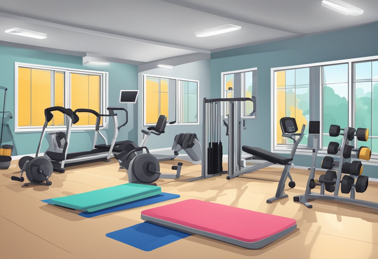 The gym is empty, with only a few scattered weights and exercise equipment. The clock on the wall shows the optimal time to go for a workout