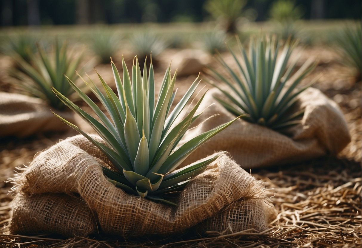Yucca plants wrapped in burlap, surrounded by mulch and protected by a windbreak