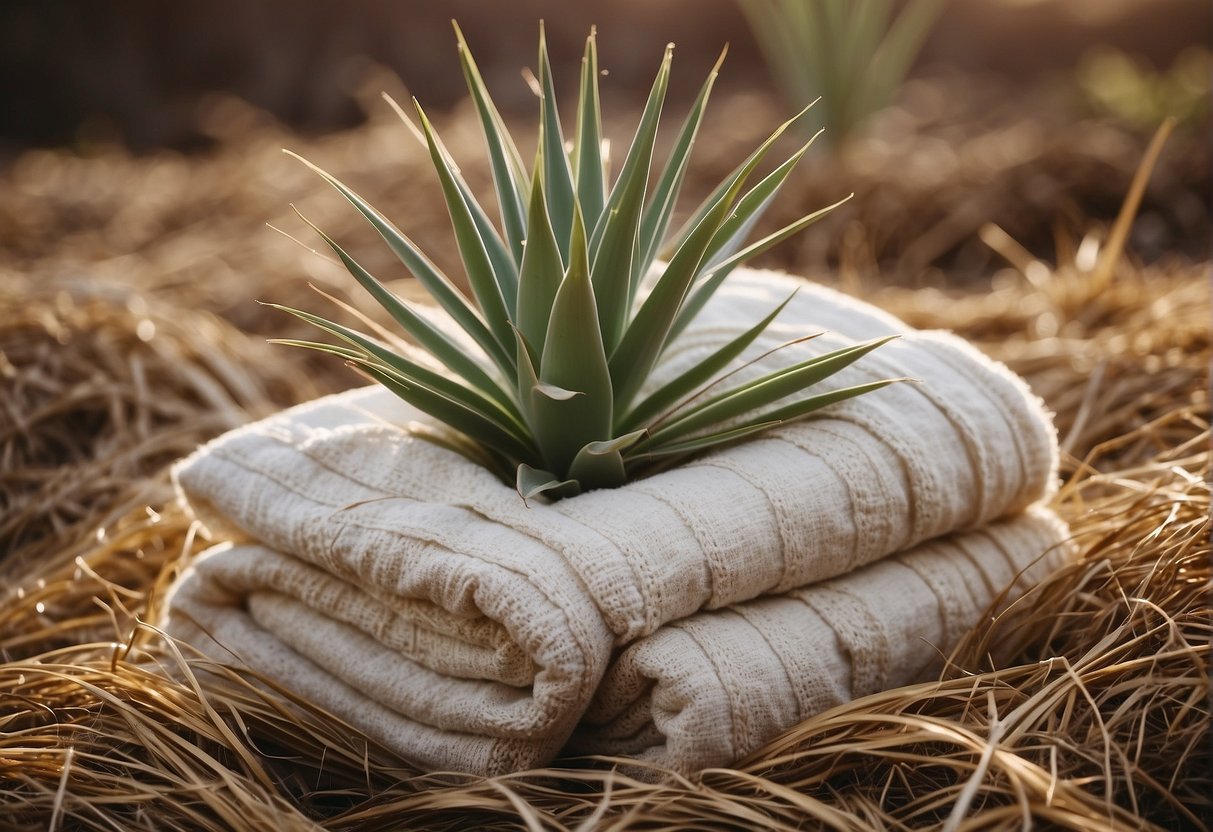 Yucca plants covered in blankets, surrounded by straw and mulch, with a protective barrier against extreme cold