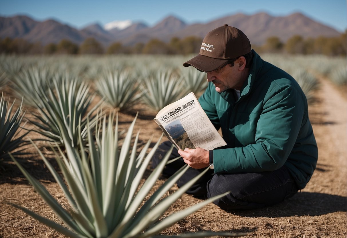 A yucca plant surrounded by winter protective coverings and a person reading a FAQ guide on winterizing yucca plants
