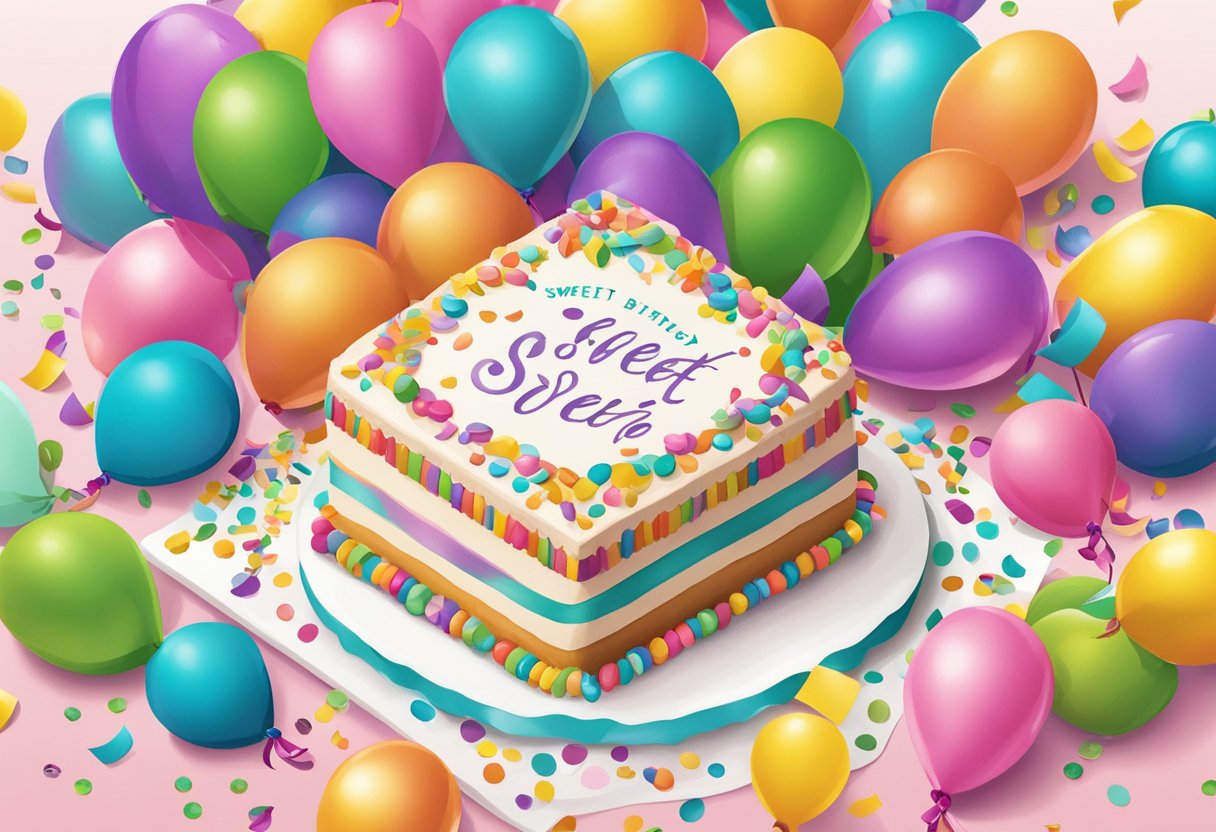 Brightly colored balloons and confetti surround a table with a cake, presents, and a "Sweet 16" banner. A heartfelt birthday quote is written on a card