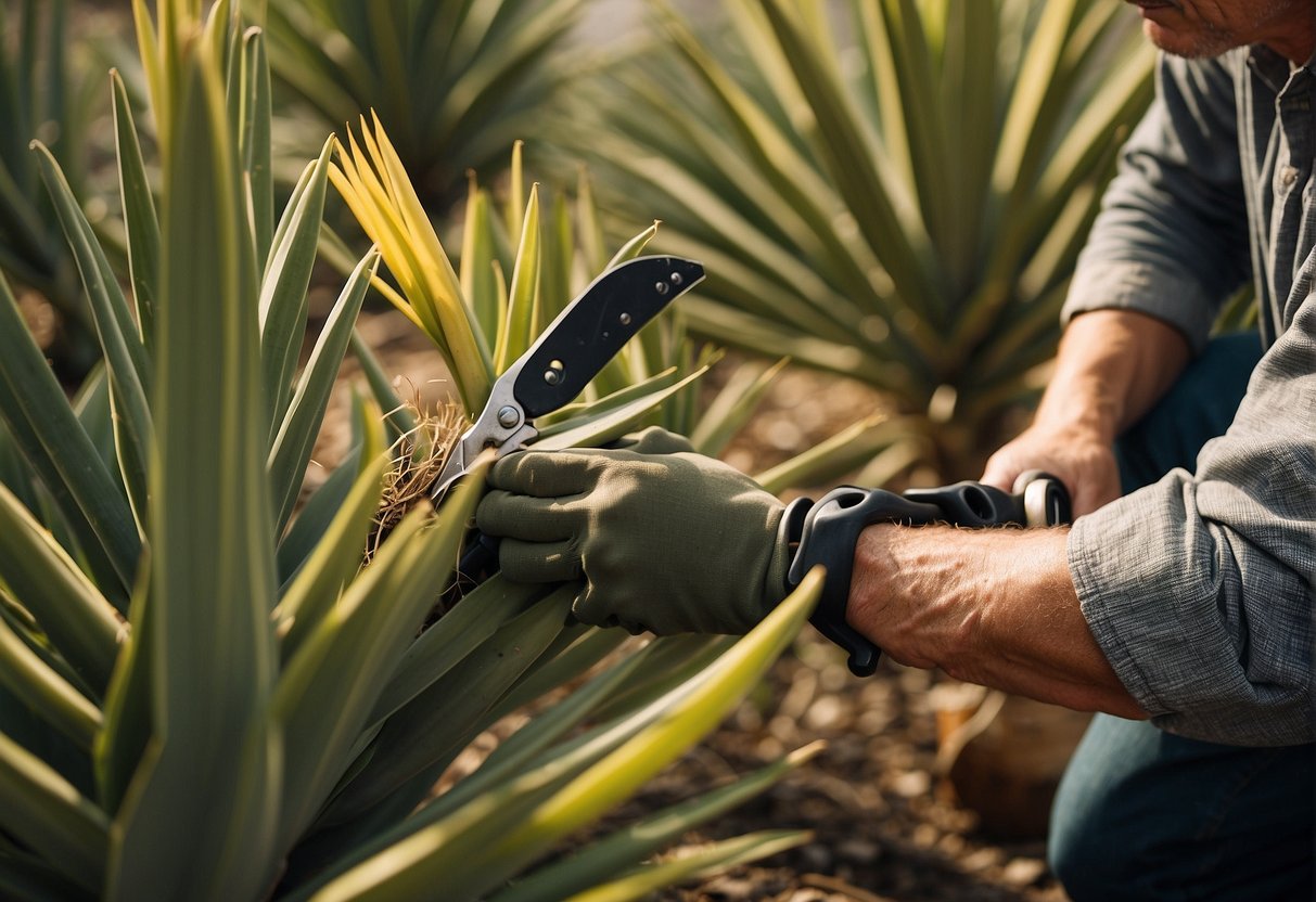 A pair of pruning shears snipping away at the yellowing leaves of a yucca plant, with a gardener carefully tending to the newly transplanted foliage