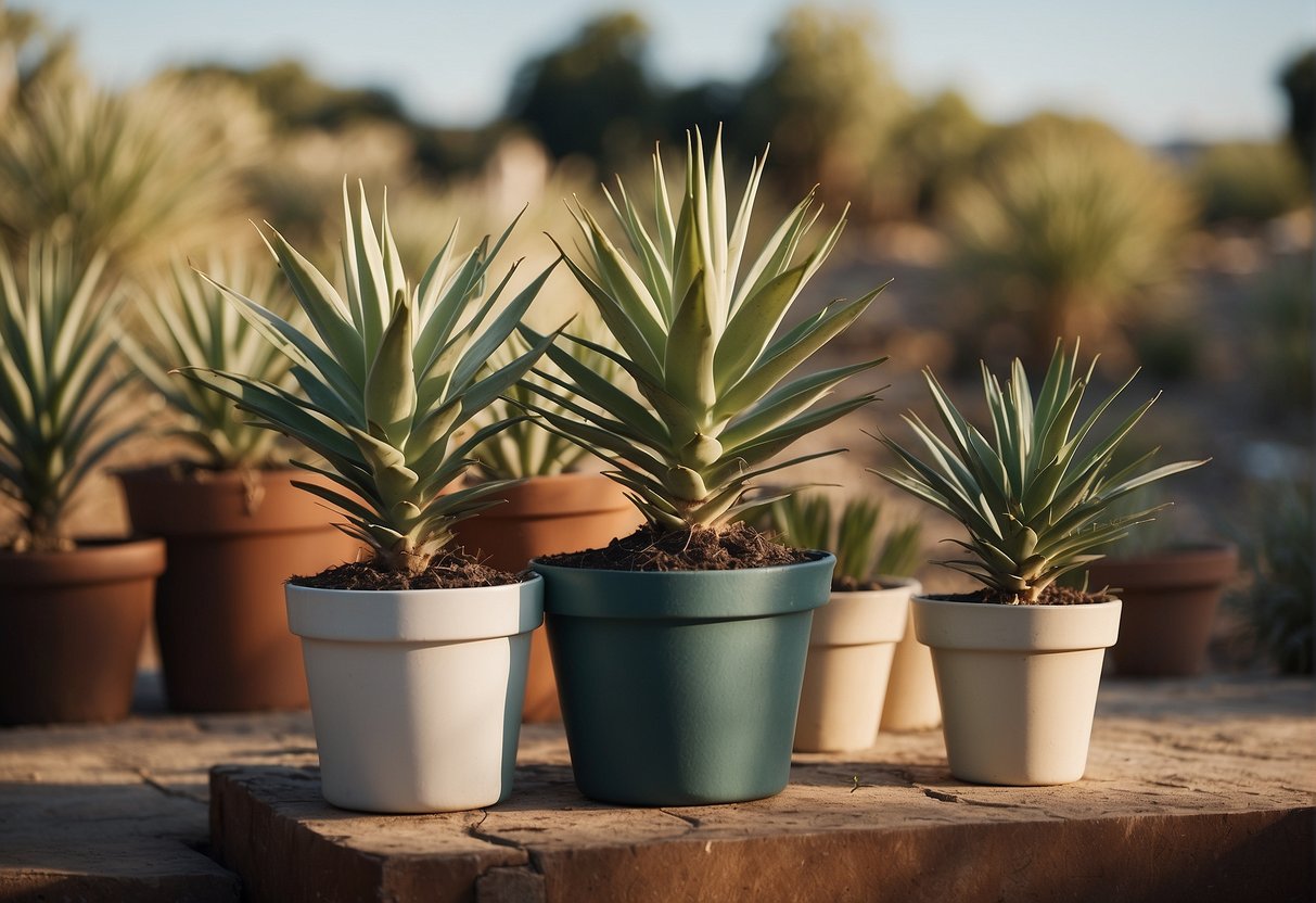 A pair of yucca plants, one healthy and one wilting, sit in separate pots. Pruning shears and a gardening glove are nearby