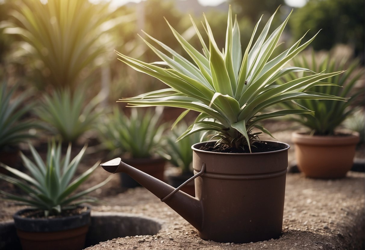 A yucca plant sits in a well-draining pot. A watering can gently pours water around the base, avoiding the leaves. The soil is moist, not waterlogged