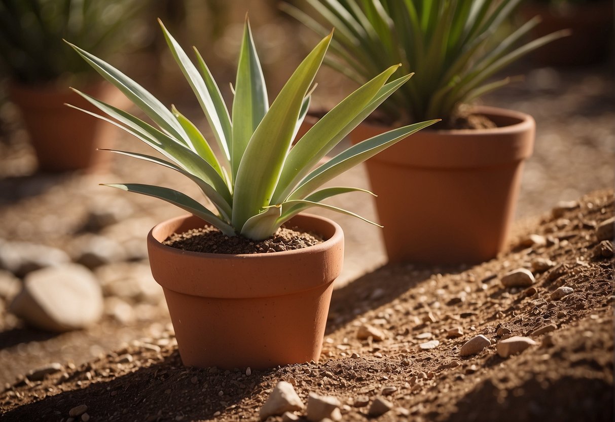 A yucca plant sits in a terracotta pot, surrounded by dry soil. A watering can hovers above, pouring a gentle stream of water onto the plant's base