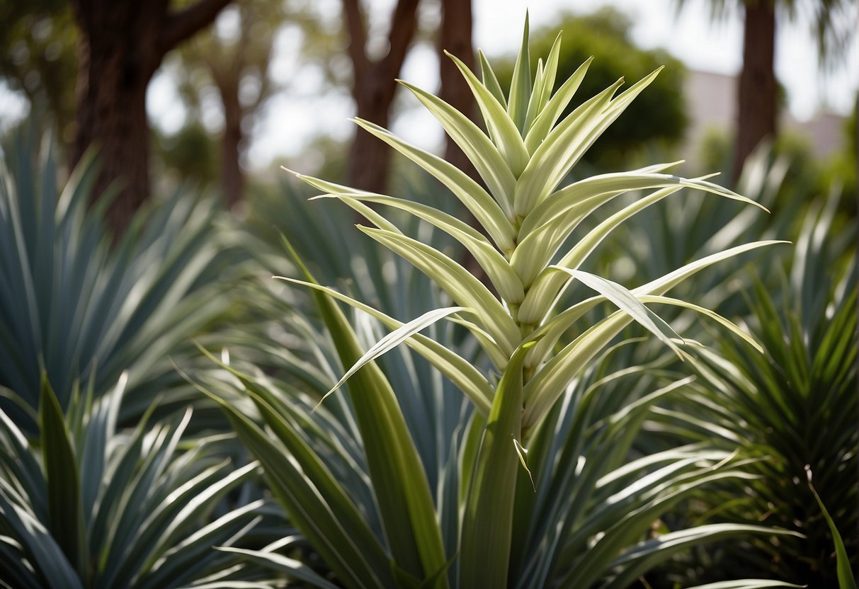 A lush garden in Zone 6 with towering yucca plants reaching up to 6 feet in height, their long, sword-shaped leaves spreading out in all directions