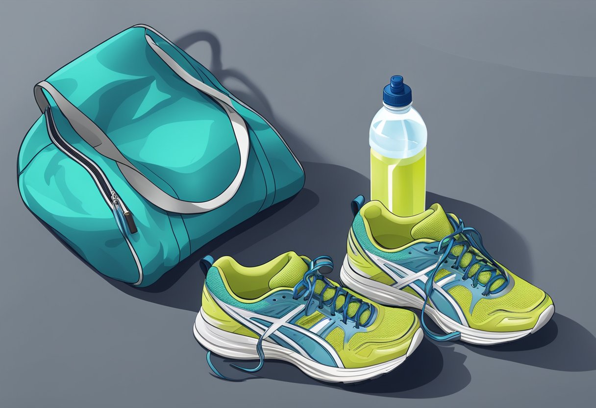 A pair of running shoes placed next to a gym bag and water bottle on the floor of a fitness center