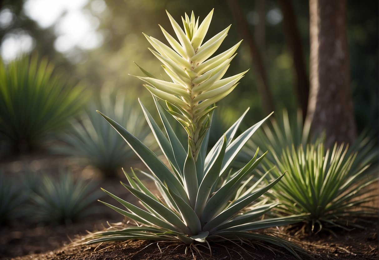 A mature yucca plant in Zone 6 stands tall, reaching up to 10 feet in height with long, sword-shaped leaves radiating from a central stem