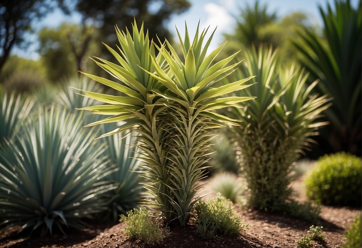 A mature yucca plant stands tall in a garden, reaching up to 10 feet in height with its long, sword-shaped leaves. The plant is thriving in the temperate climate of zone 6, showcasing its resilience and adaptability
