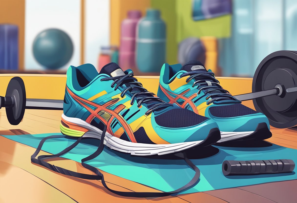 A pair of colorful running shoes displayed in a gym setting with various workout equipment in the background