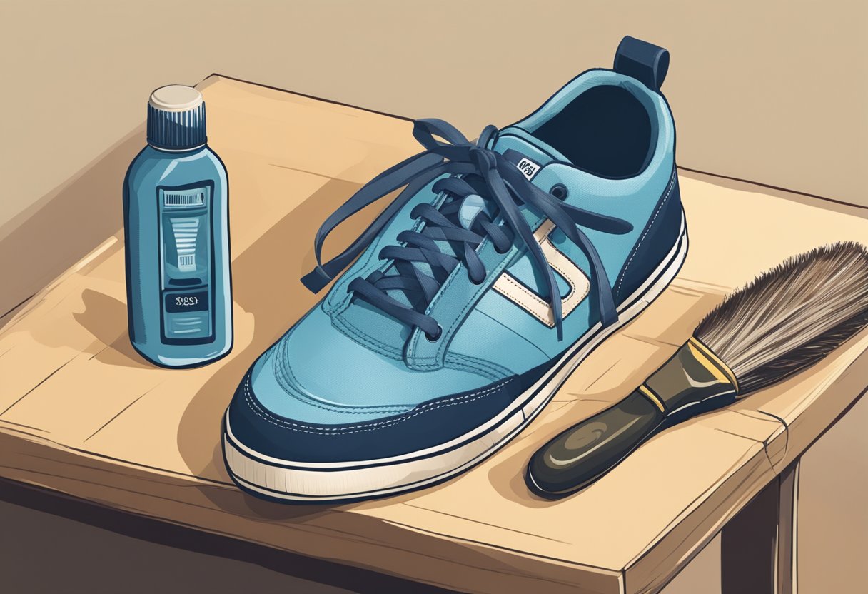 A pair of well-worn gym shoes sits on a shelf, laces untied, with a bottle of cleaner and a brush nearby