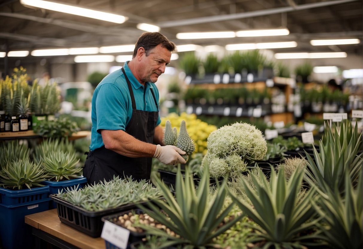 A garden center employee sells fertilizer for yucca plants to a customer