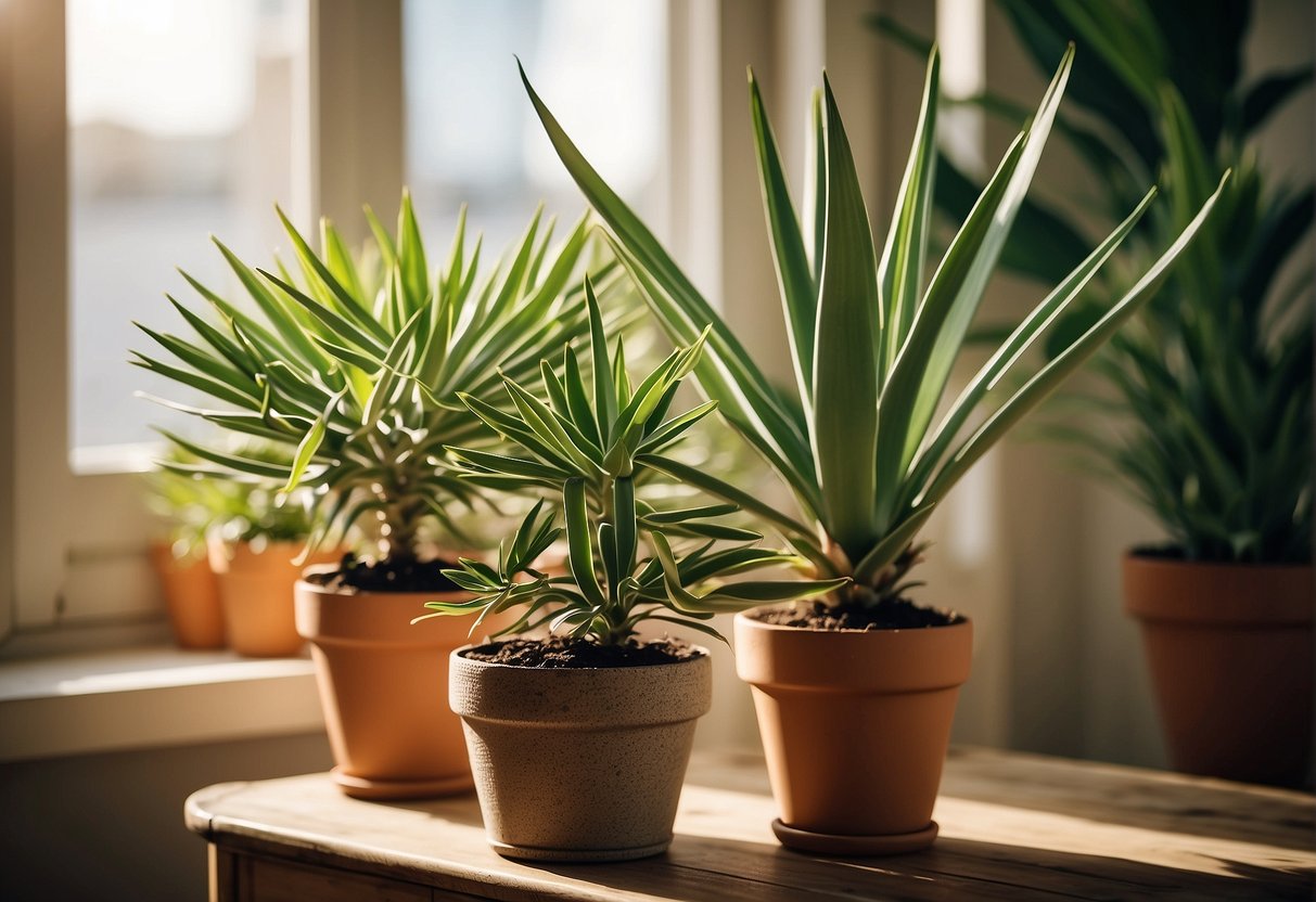 A yucca plant stands in a sunny room, surrounded by bags of fertilizer and a watering can. The plant looks healthy and vibrant, with strong green leaves and a sturdy stem