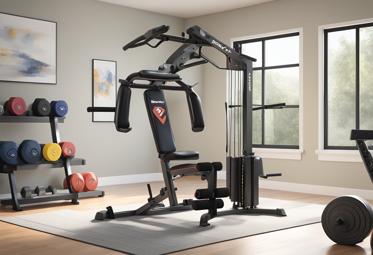 A Bowflex home gym stands next to a set of free weights, both ready for use in a well-lit, spacious room
