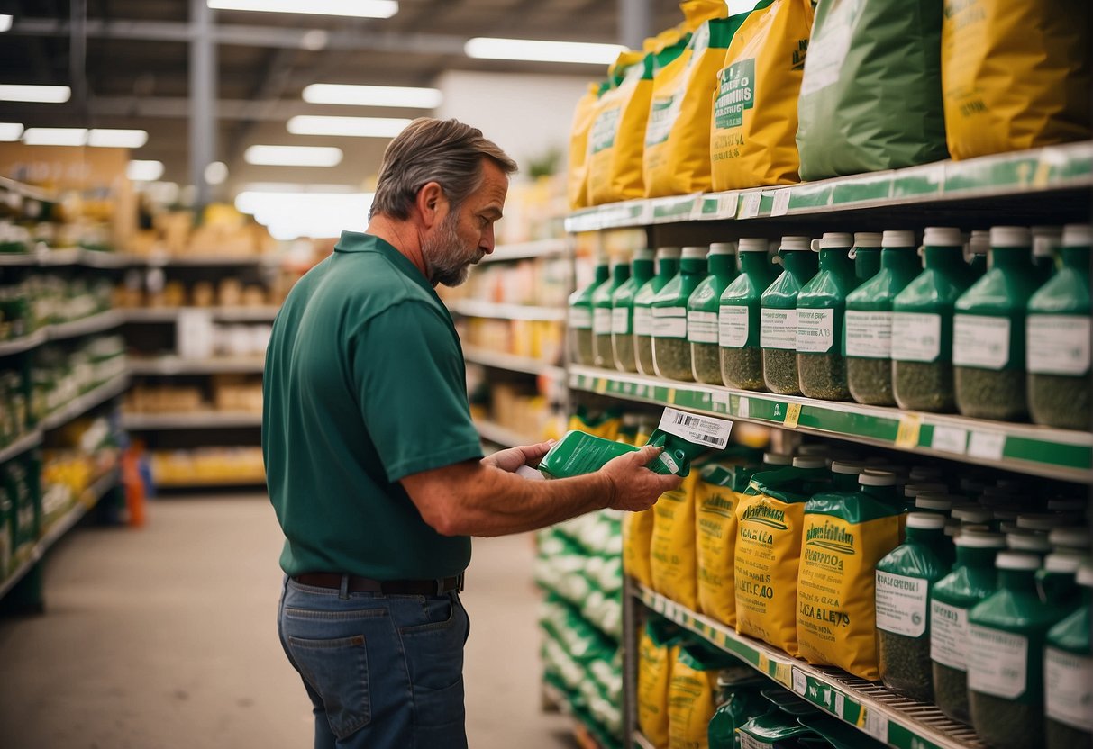 A customer browsing shelves of a garden supply store, looking at bags of fertilizer labeled for yucca plants