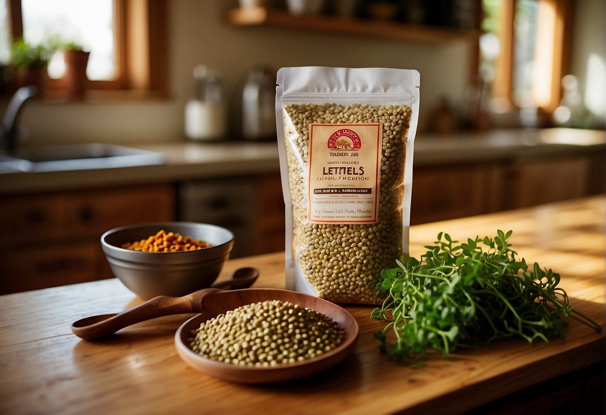 A bag of Trader Joe's lentils sits on a wooden kitchen countertop, surrounded by various colorful spices and herbs. Sunlight streams in through a nearby window, casting warm shadows on the scene