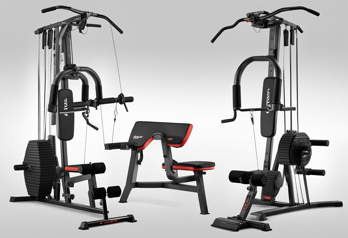 A Bowflex machine stands next to a set of free weights, showcasing the contrast between the two options for home gyms