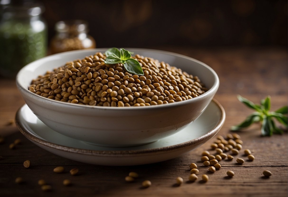 A bowl of Trader Joe's lentils sits on a wooden table. A nutrition label lists the protein, fiber, and other nutritional values