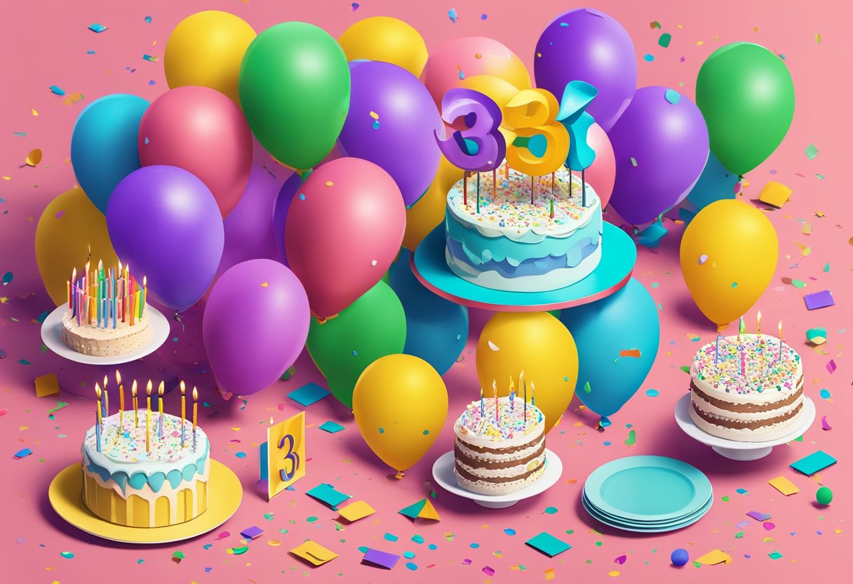 Colorful balloons and confetti surround a table with a birthday cake and a card with "39th birthday quotes" written on it