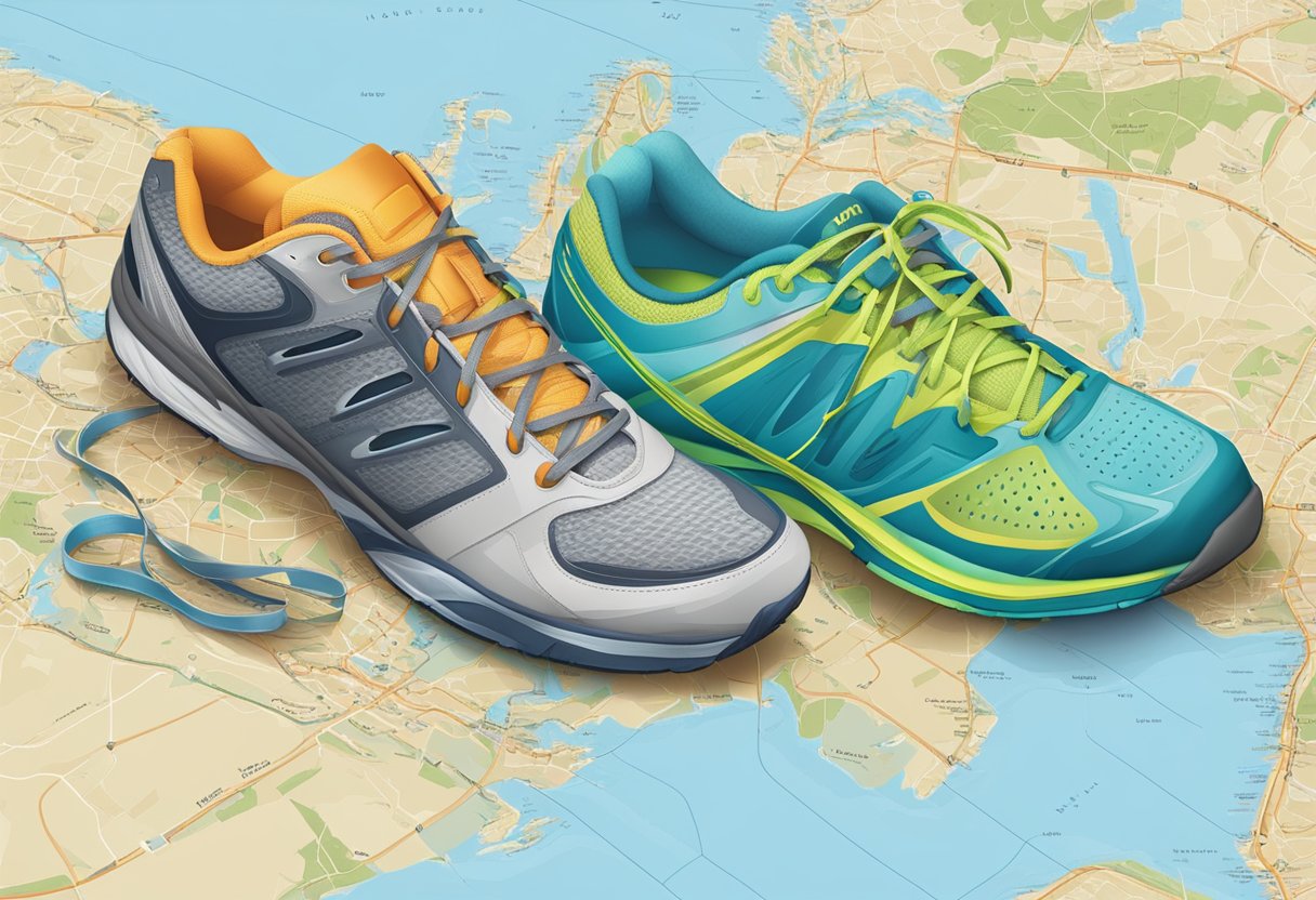 Two pairs of shoes, one for the gym and one for tennis, placed on a map