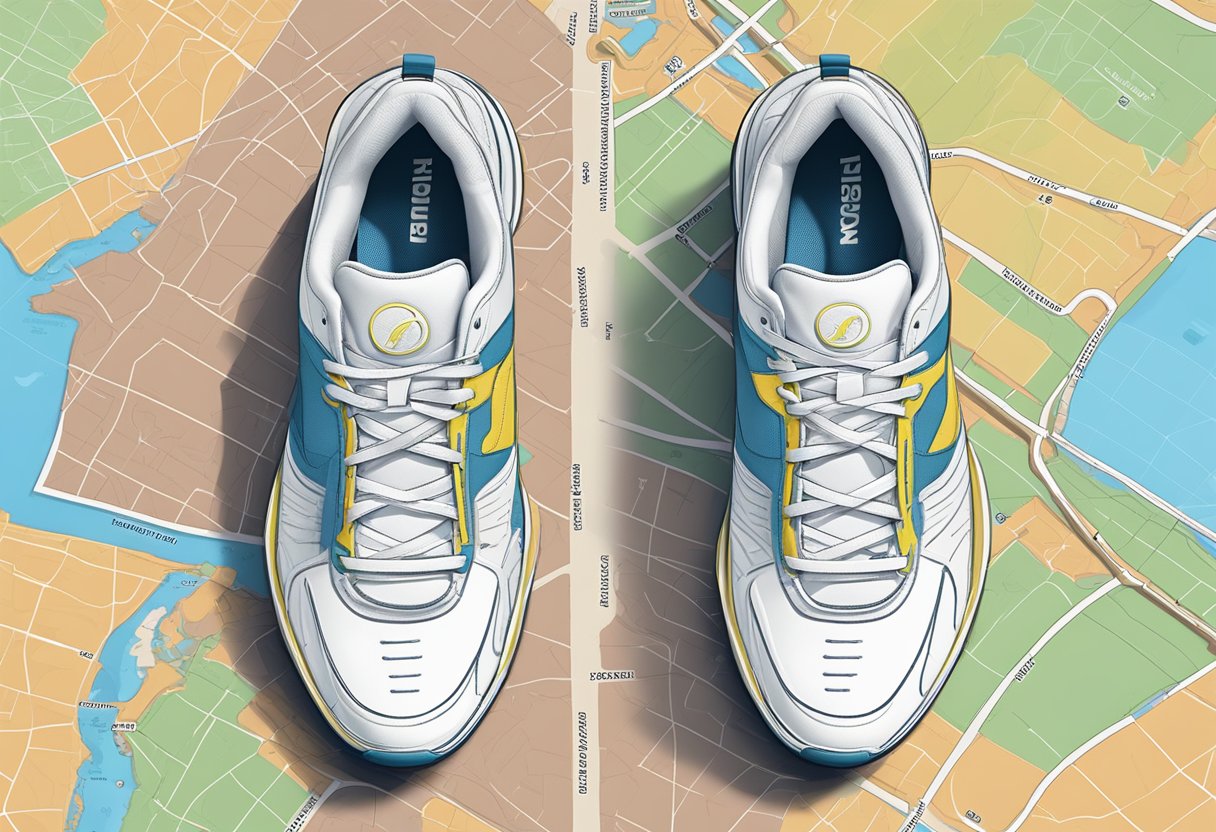 A gym shoe and a tennis shoe side by side on a map, highlighting their differences in functionality and design
