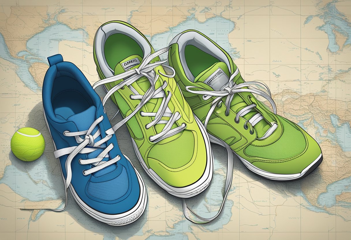 A pair of gym shoes sits next to a pair of tennis shoes on a map, symbolizing the choice between physical support and comfort