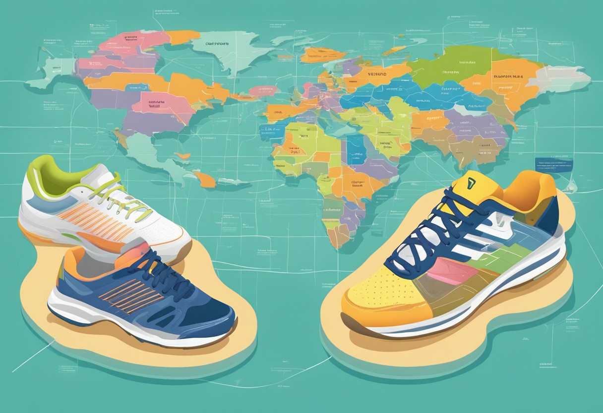 A colorful map with labeled sections for popular gym shoes and tennis shoes brands and models