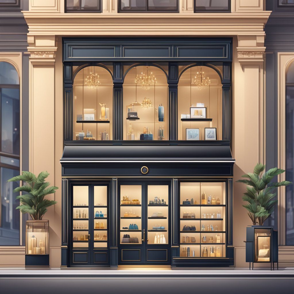 A luxurious storefront with expensive products on display, a sleek online platform with high-end items, and a line of affluent customers making high-value purchases