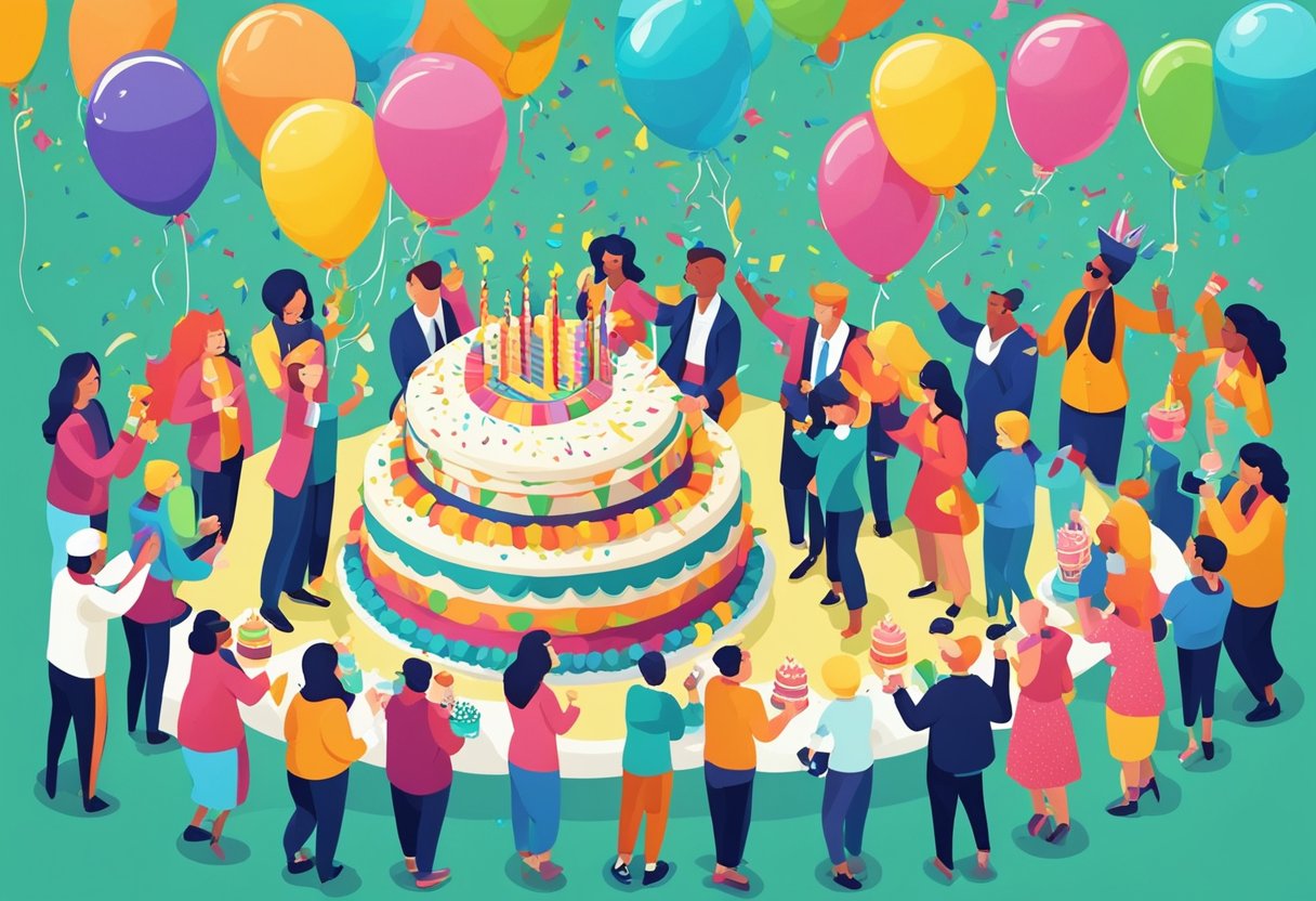 A festive party scene with balloons, confetti, and a large "39" birthday cake surrounded by cheerful guests