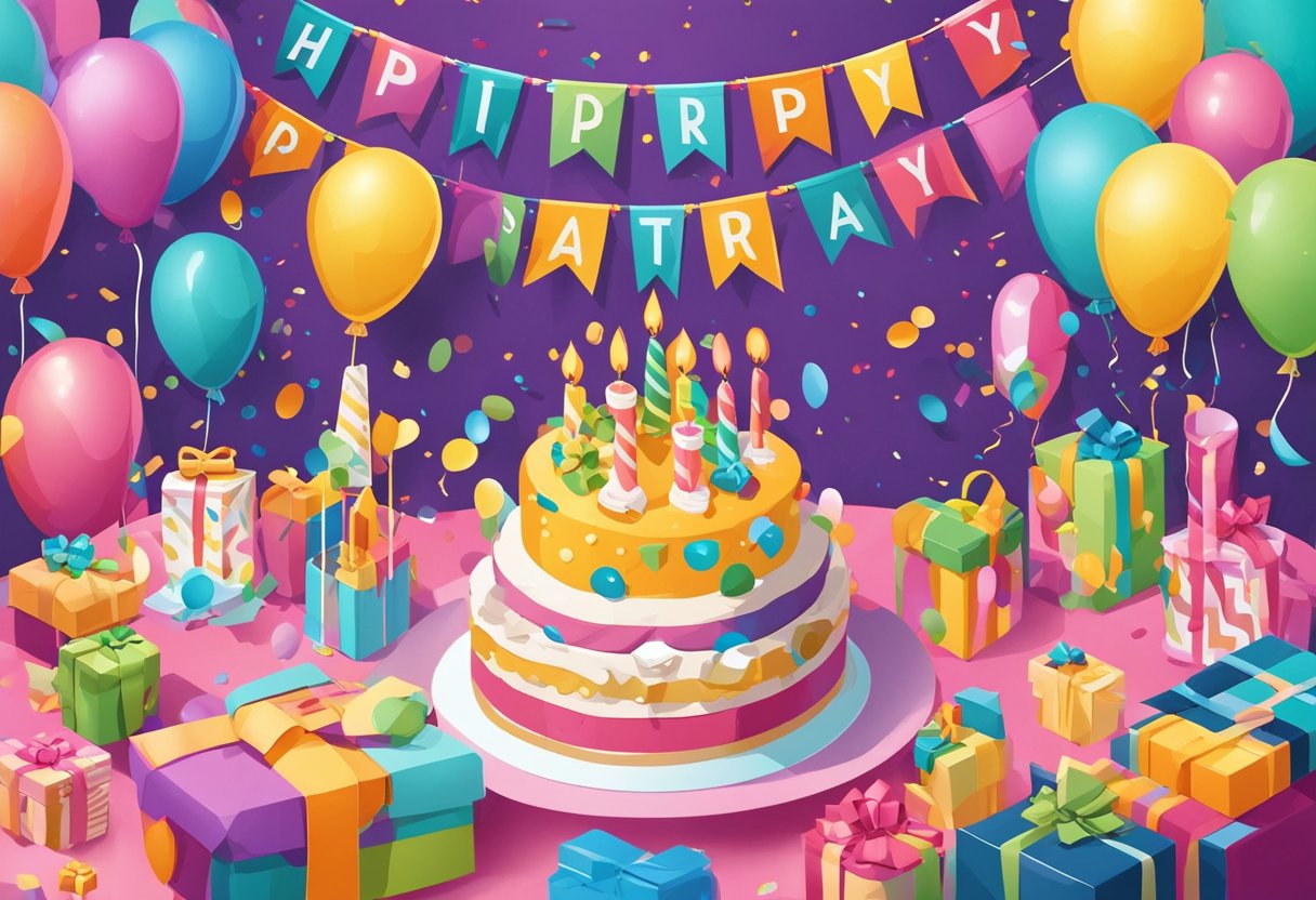 A colorful party banner hangs above a table with a birthday cake and presents. Balloons and confetti decorate the room, creating a festive atmosphere