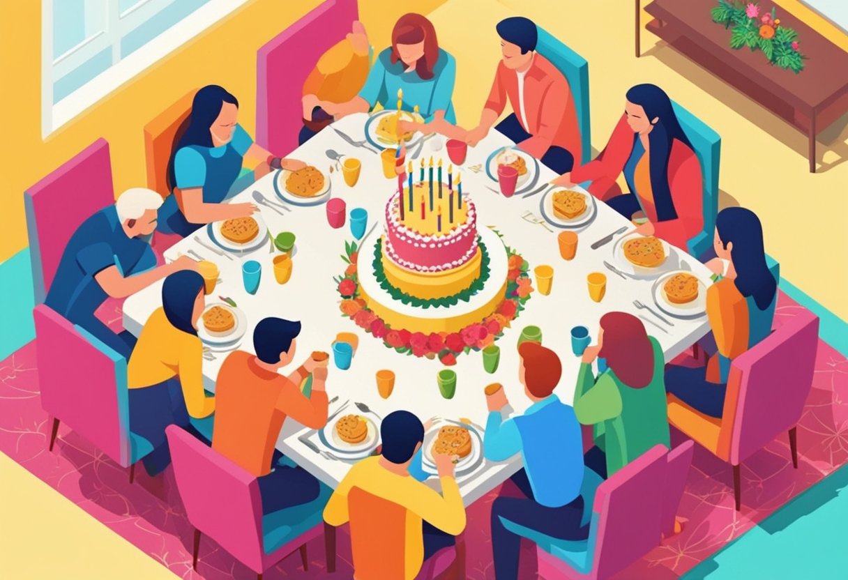 A festive table with a birthday cake and decorations, surrounded by friends and family raising their glasses in celebration
