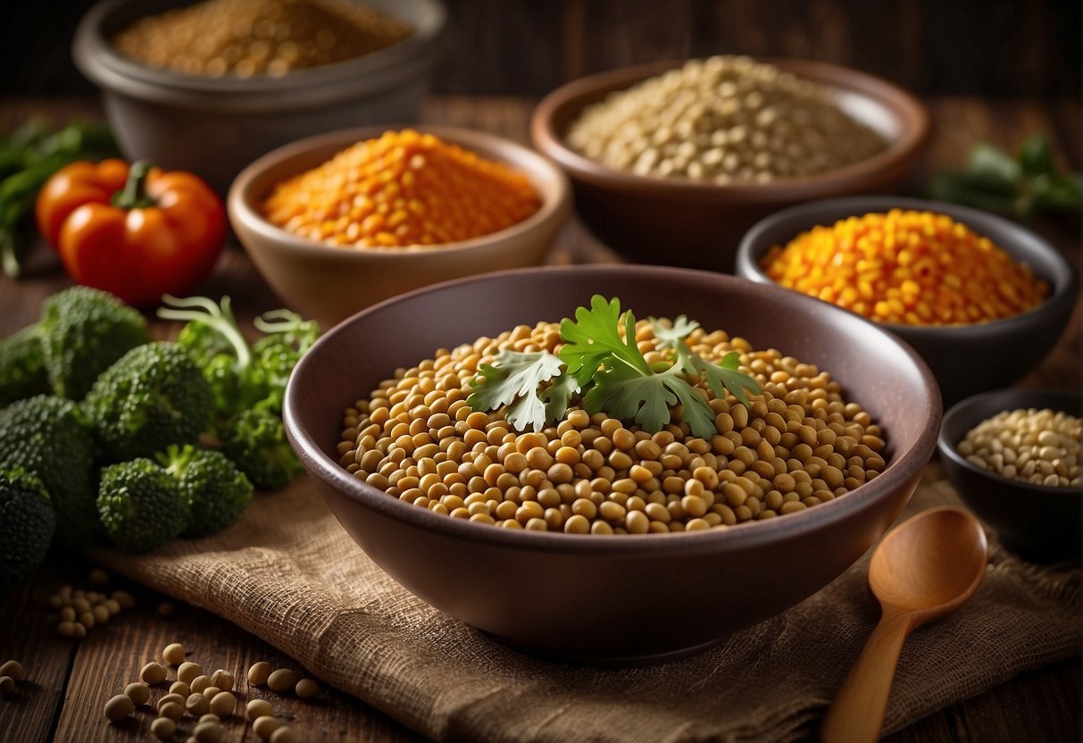 A bowl of cooked lentils sits on a wooden table, surrounded by colorful vegetables and a variety of spices. A can of Trader Joe's lentils is open nearby
