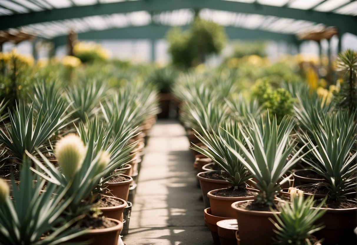 A sunny garden center in Napa showcases yucca plants, neatly arranged in rows, with vibrant green leaves and tall, sturdy stems
