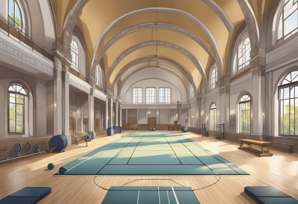 A historical gymnasium with marble columns, vaulted ceilings, and ancient exercise equipment