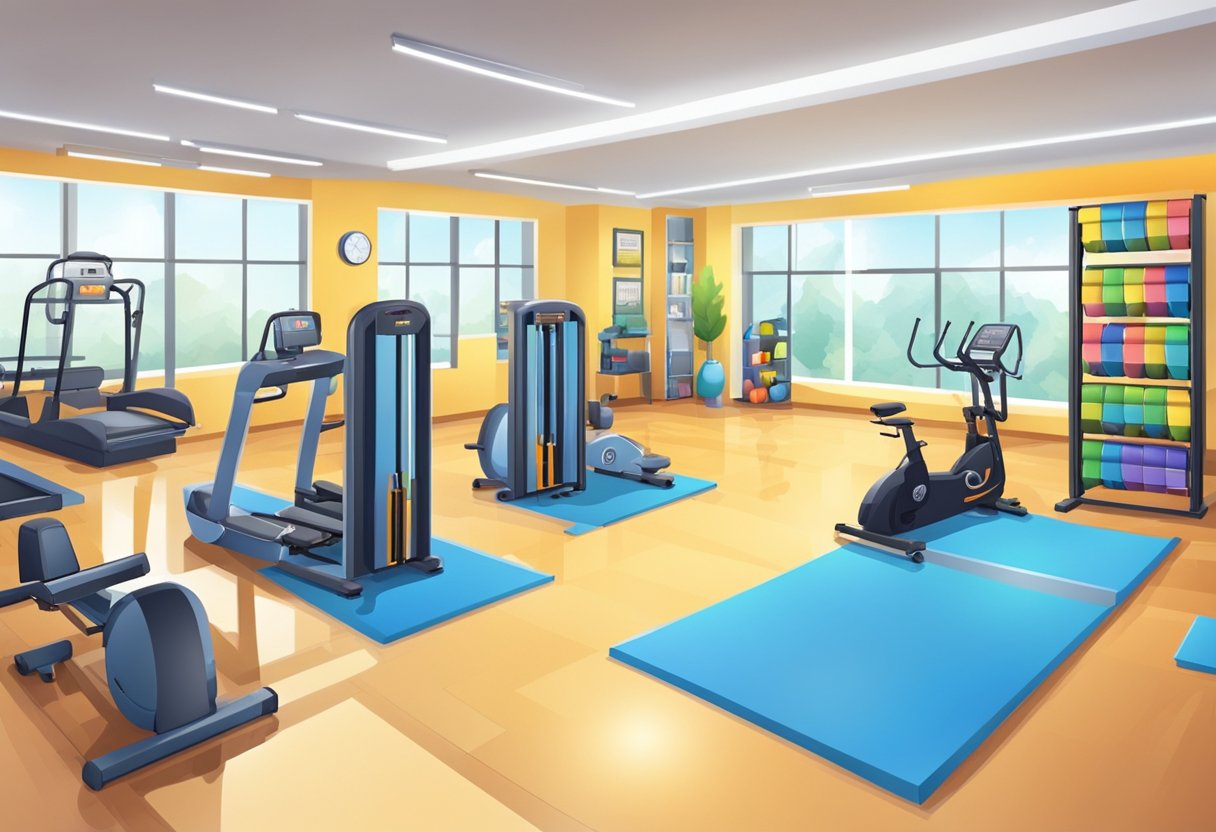 A spacious gymnasium with modern equipment and a brightly lit educational role gym with colorful learning materials and interactive displays